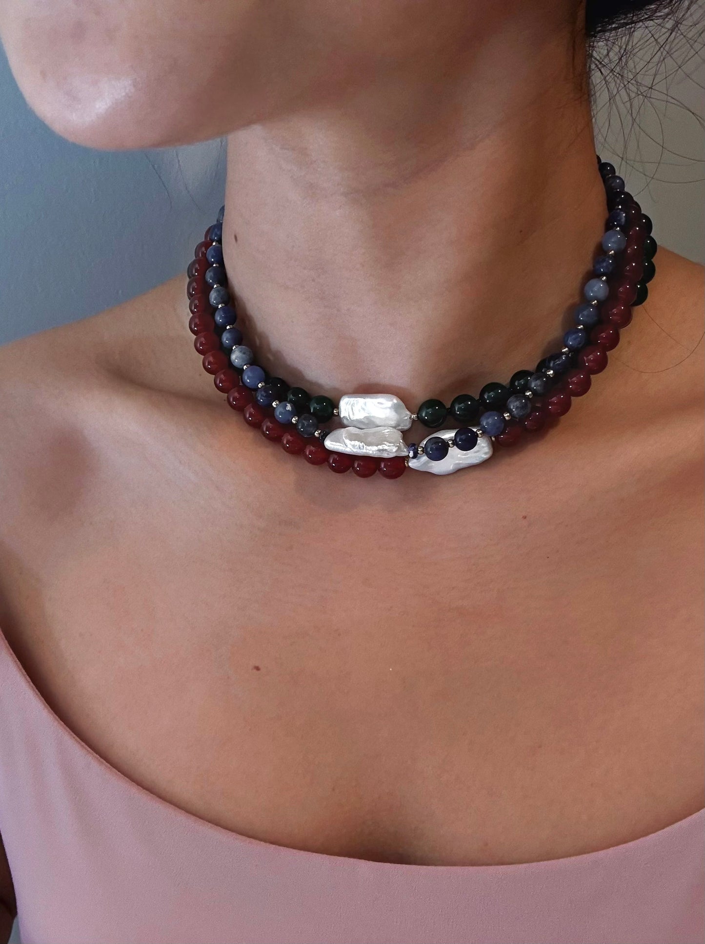 Lapis Lazuli Beaded Necklace with Baroque Freshwater Pearl – Handmade, Waterproof, Gold-Plated