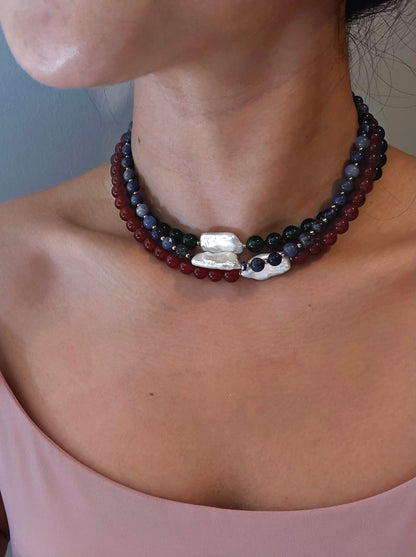 Lapis Lazuli Beaded Necklace with Baroque Freshwater Pearl – Handmade, Waterproof, Gold-Plated