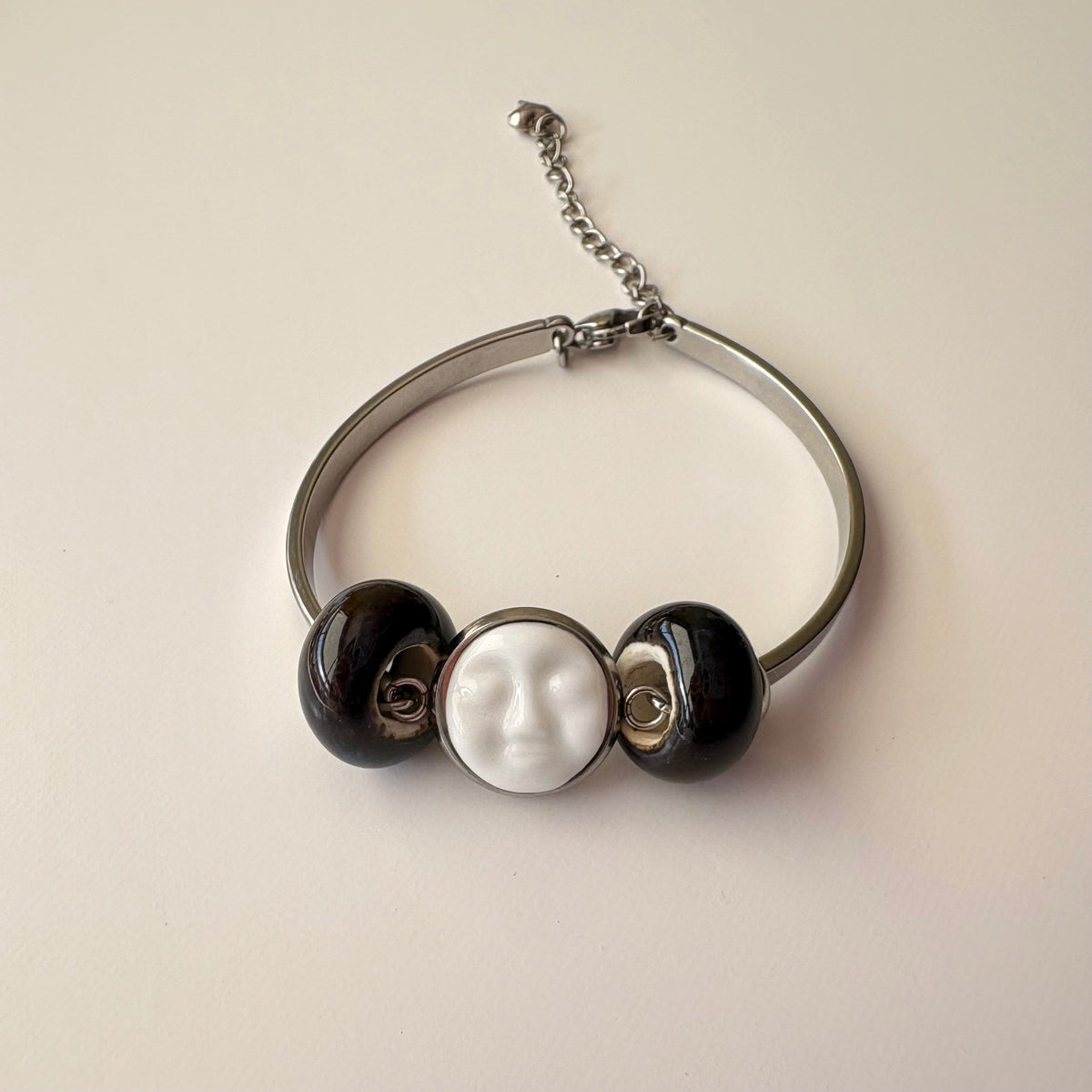 Handmade Ceramic Face Bracelet, Adjustable Stainless Steel Bangle with Ceramic Beads, Waterproof Jewelry, Gift for Her