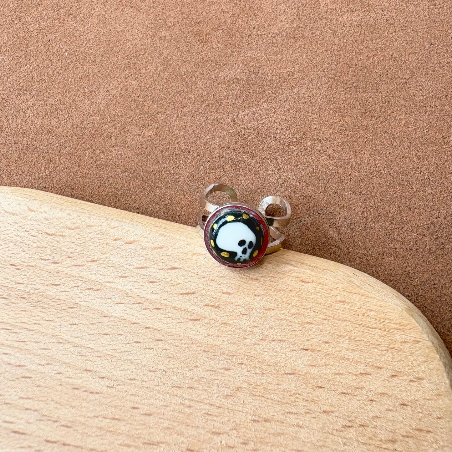 Handmade Ceramic Ring, Stainless Steel Band, Adjustable Ring, pinky ring  - silver