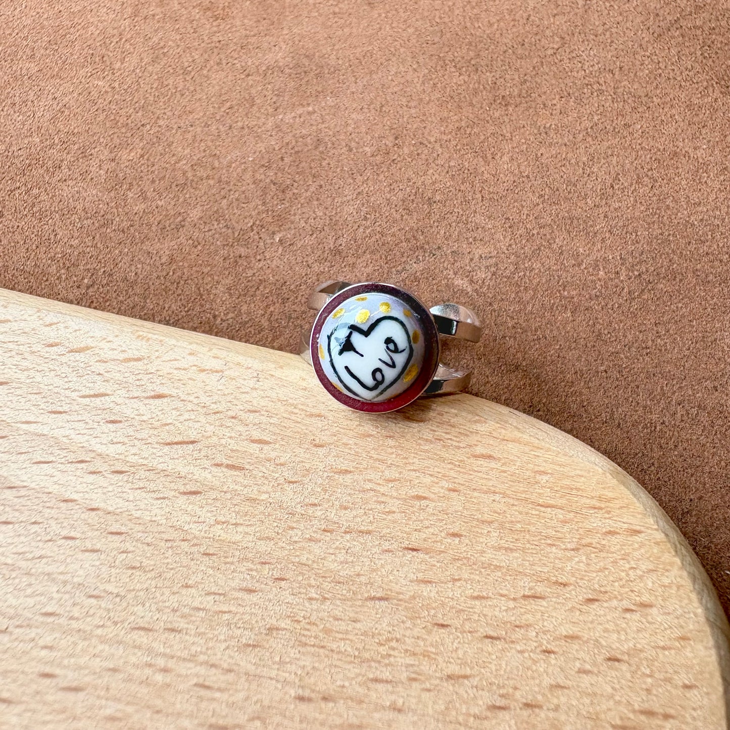 Handmade Ceramic Ring, Stainless Steel Band, Adjustable Ring, pinky ring  - silver