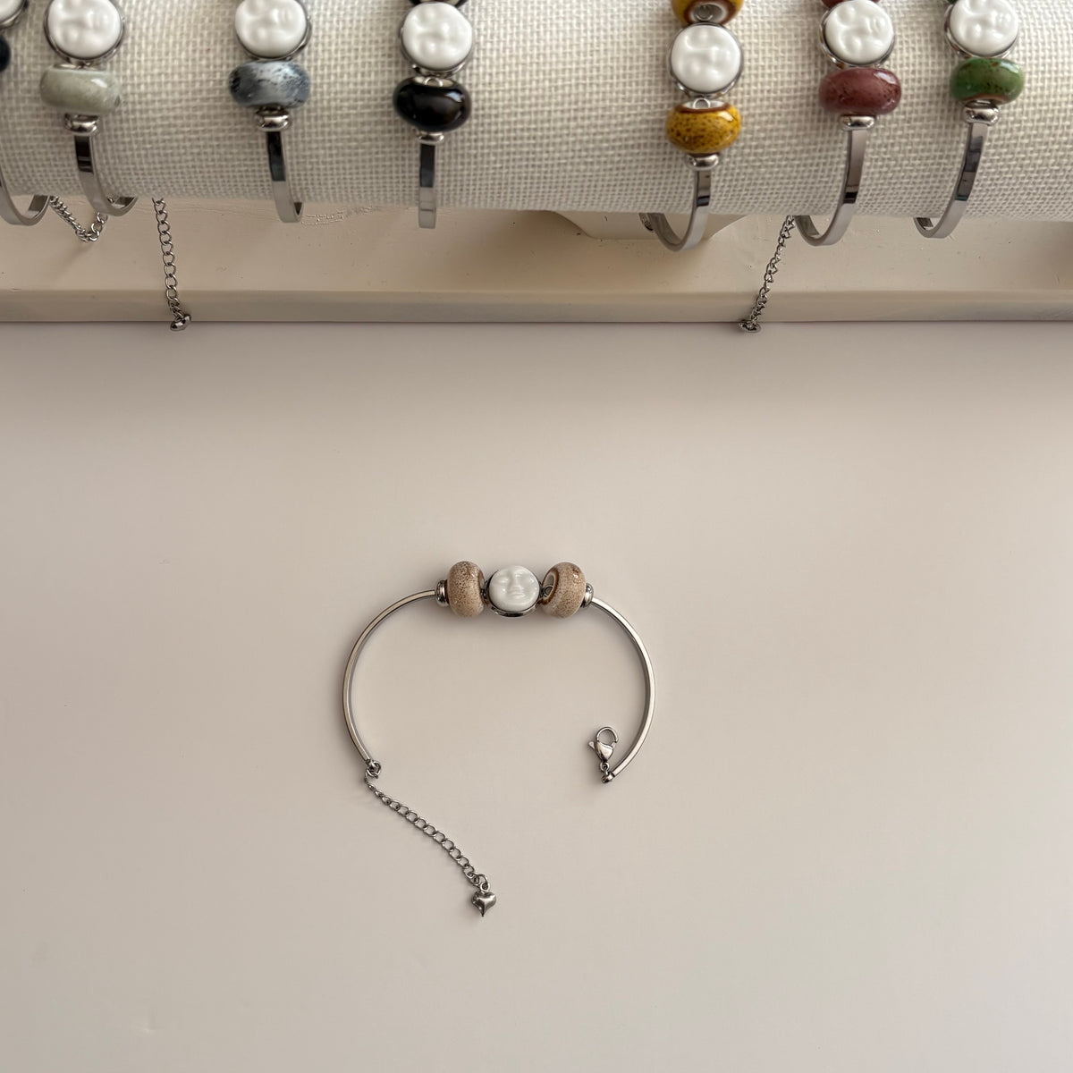 Handmade Ceramic Face Bracelet, Adjustable Stainless Steel Bangle with Ceramic Beads, Waterproof Jewelry, Gift for Her