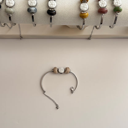 Handmade Ceramic Face Bracelet, Adjustable Stainless Steel Bangle with Ceramic Beads, Waterproof Jewelry, Gift for Her
