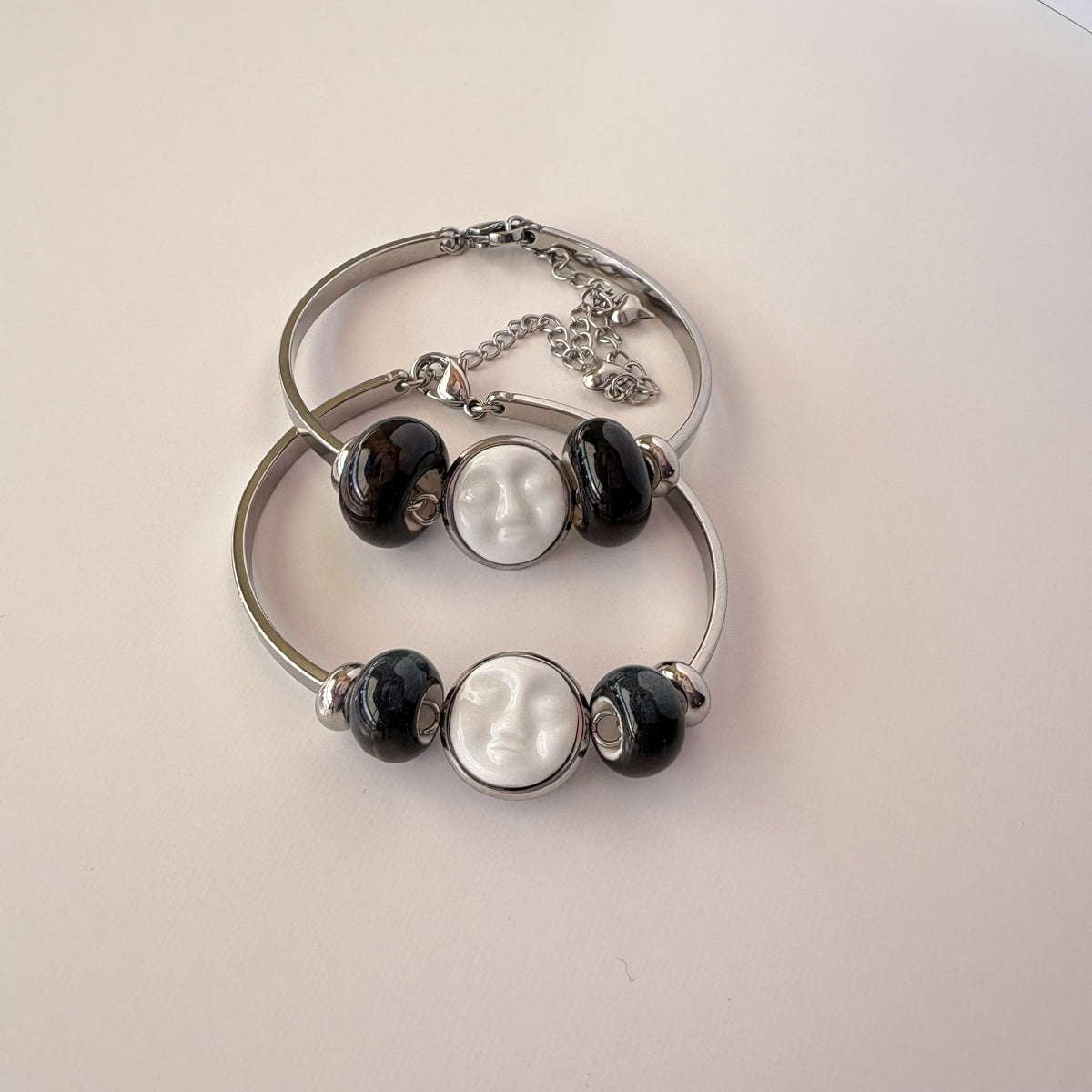 Handmade Ceramic Face Bracelet, Adjustable Stainless Steel Bangle with Ceramic Beads, Waterproof Jewelry, Gift for Her