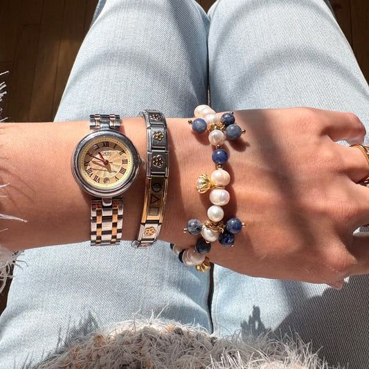 Lapis Lazuli Beaded Bracelet with Freshwater Pearl – Handmade, Waterproof, Gold-Plated Bulueberries Bracelet