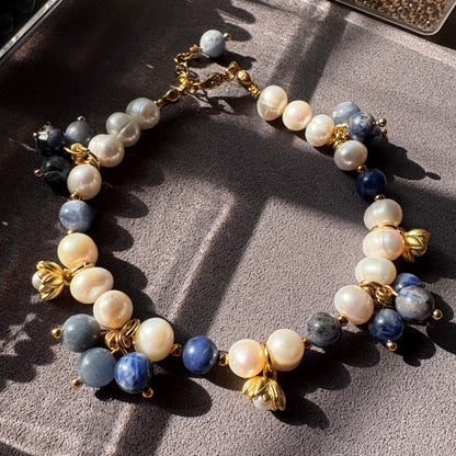 Lapis Lazuli Beaded Bracelet with Freshwater Pearl – Handmade, Waterproof, Gold-Plated Bulueberries Bracelet