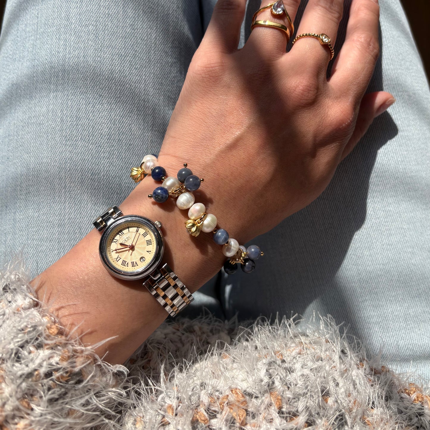 Lapis Lazuli Beaded Bracelet with Freshwater Pearl – Handmade, Waterproof, Gold-Plated Bulueberries Bracelet
