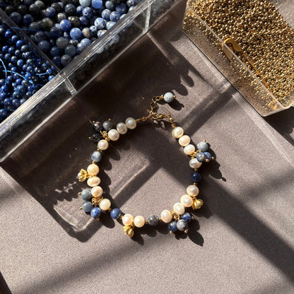 Lapis Lazuli Beaded Bracelet with Freshwater Pearl – Handmade, Waterproof, Gold-Plated Bulueberries Bracelet