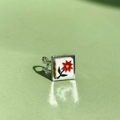 Handmade Rings, Evil Eye ceramic series, natural boho style, rustic nature-inspired design - silver ￼
