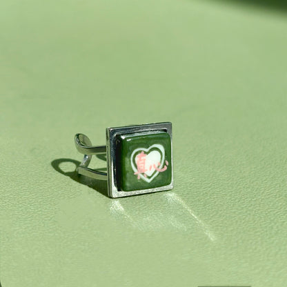Handmade Rings, Evil Eye ceramic series, natural boho style, rustic nature-inspired design - silver ￼