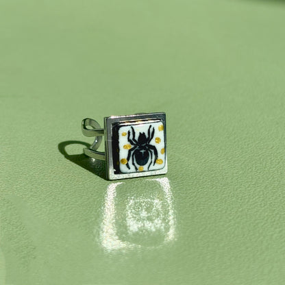 Handmade Rings, Evil Eye ceramic series, natural boho style, rustic nature-inspired design - silver ￼