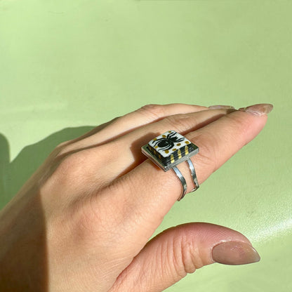 Handmade Rings, Evil Eye ceramic series, natural boho style, rustic nature-inspired design - silver ￼