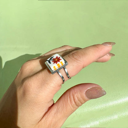 Handmade Rings, Evil Eye ceramic series, natural boho style, rustic nature-inspired design - silver ￼