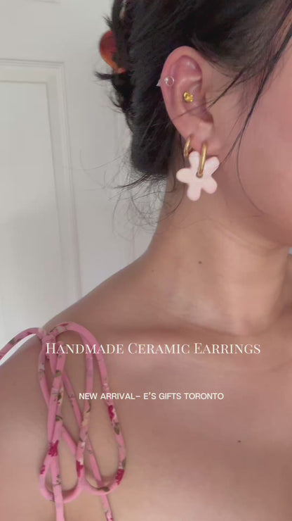 Handmade Ceramic Hoop Earrings | Interchangeable Flower & Donut Charms | Lightweight Hypoallergenic 304 Stainless Steel Gold Plated Hoops | Mix & Match Gift for Her